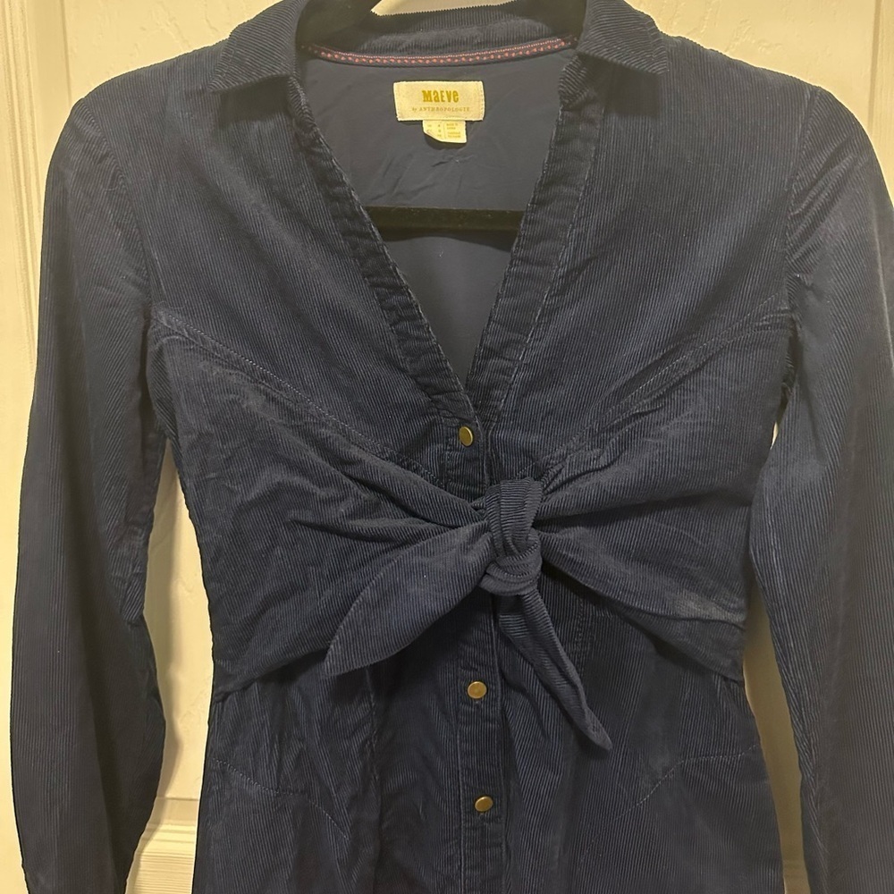 Anthropologie Maeve Navy WinchesterTie Front Corduroy Dress 0 - Picture 3 of 8